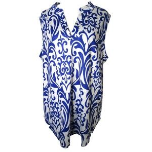 Halife Batik Blue White Sleeveless Top XL Collared Polyester Spandex 28-395